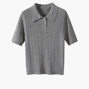 Button Placket Polo Collar Cable Knit T-shirt