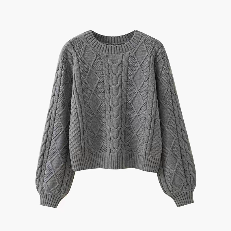 Vintage Textured Cable Knit Crop Sweater - 图片 3