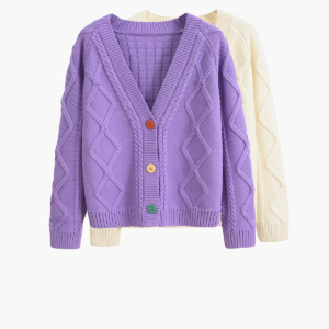 Diamond Cable Knit V Neck Buttons Knit Cardigan