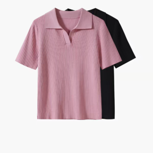 Women's Ribbed Knit Polo Collar Short Sleeve Top