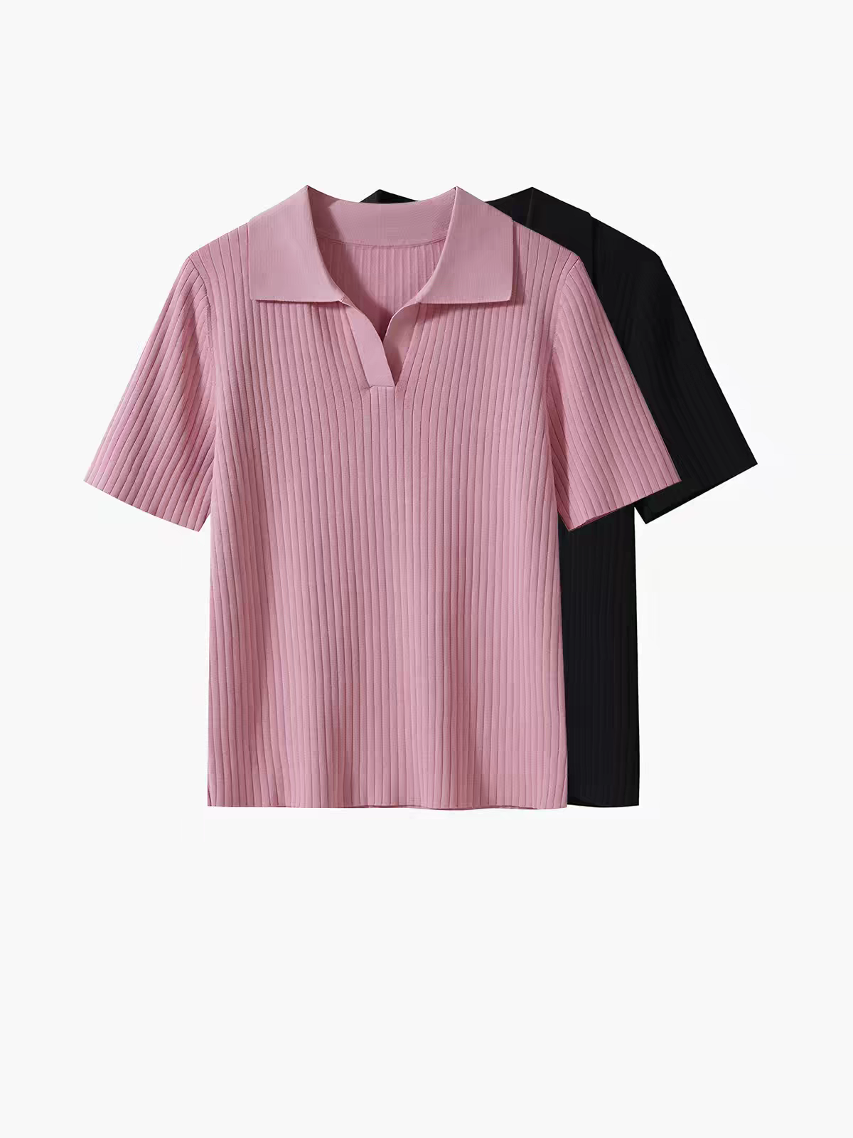 Women's Ribbed Knit Polo Collar Short Sleeve Top