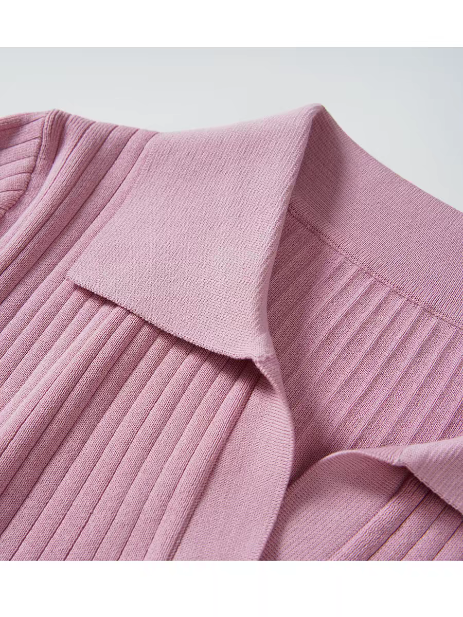 Women's Ribbed Knit Polo Collar Short Sleeve Top - 图片 4