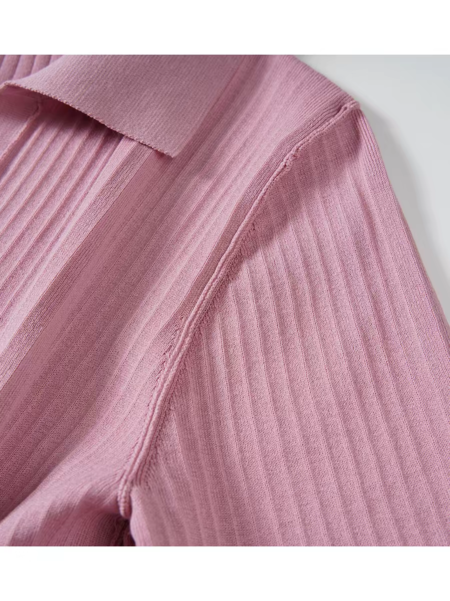 Women's Ribbed Knit Polo Collar Short Sleeve Top - 图片 6