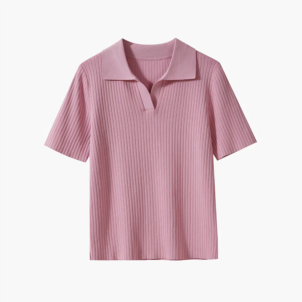 Women's Ribbed Knit Polo Collar Short Sleeve Top - 图片 2