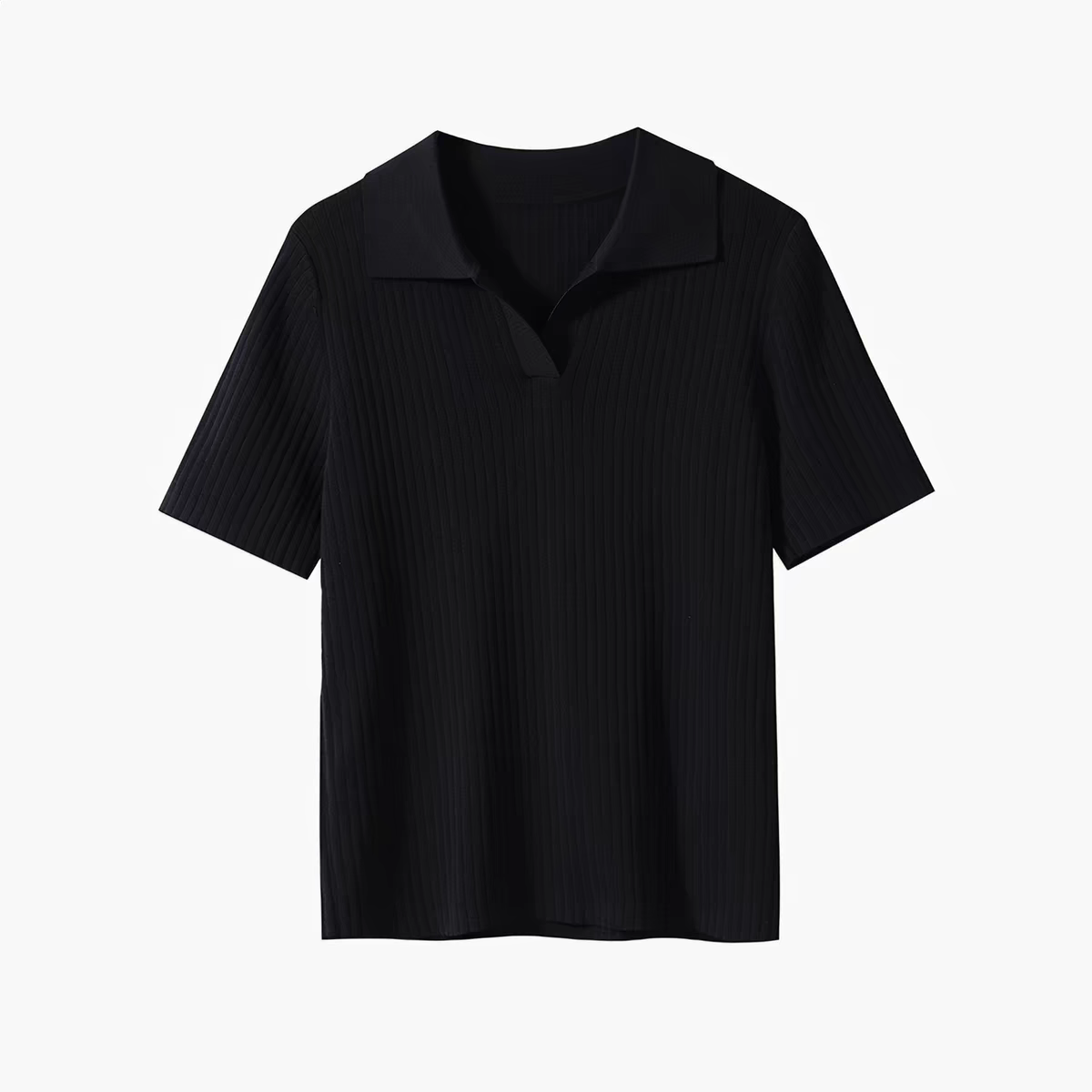 Women's Ribbed Knit Polo Collar Short Sleeve Top - 图片 3