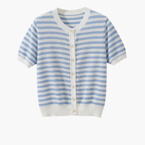 Summer Lightweight Waffle Texture Striped Short Sleeve Top