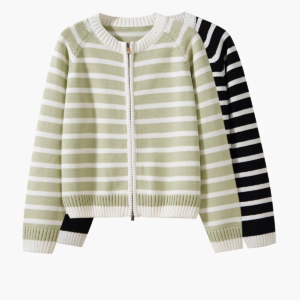 Striped Zip Up Round Neck Knit Cardigan