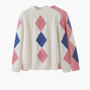 Argyle Cable Knit Mock Neck Pullover Sweater
