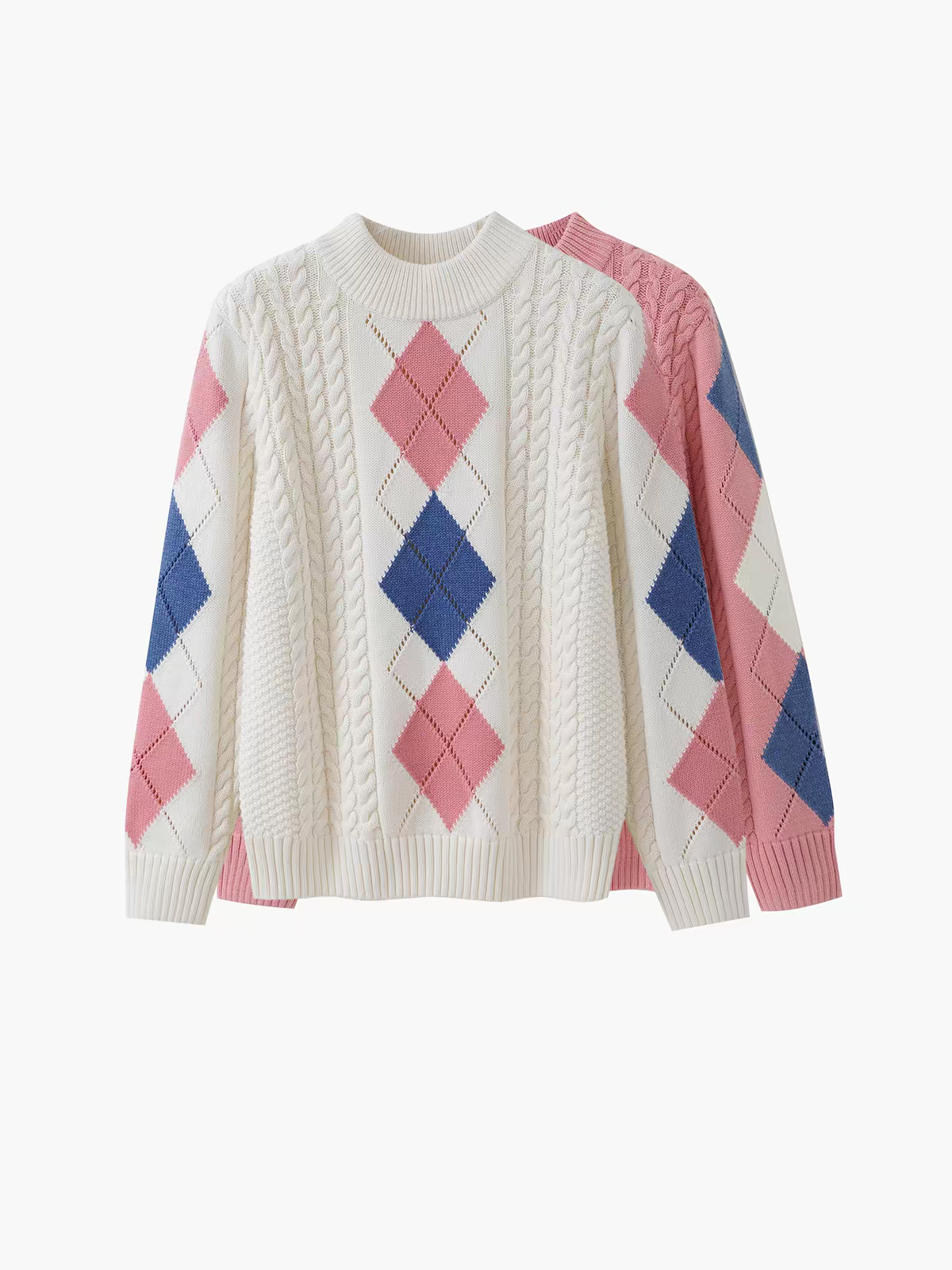Argyle Cable Knit Mock Neck Pullover Sweater