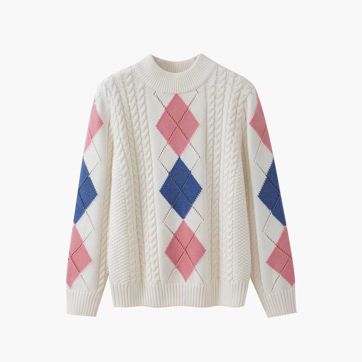Argyle Cable Knit Mock Neck Pullover Sweater - 图片 2