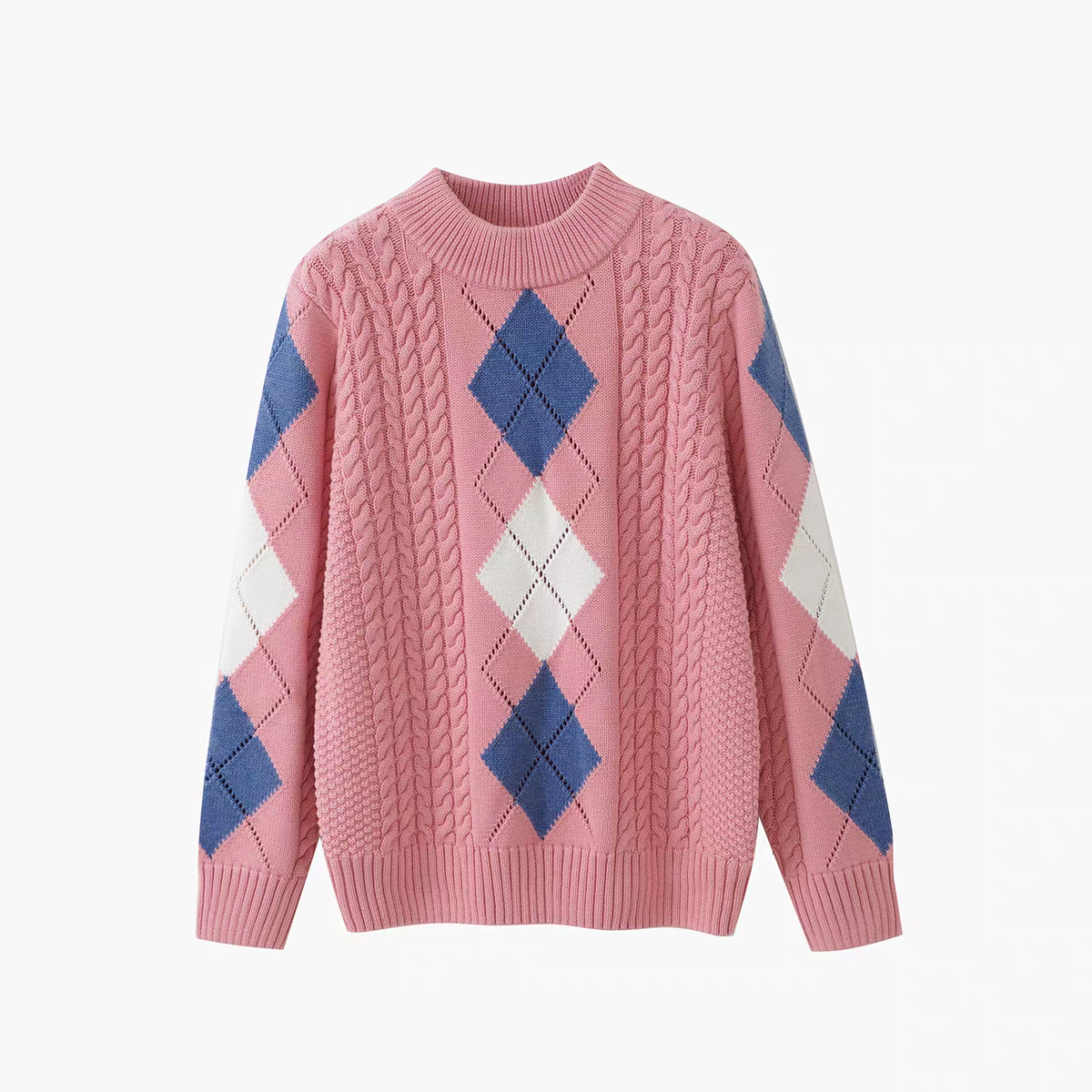 Argyle Cable Knit Mock Neck Pullover Sweater - 图片 3