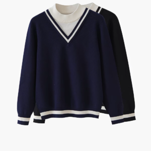 Fake Two Piece V-Stripe Mock Neck Knit Sweater
