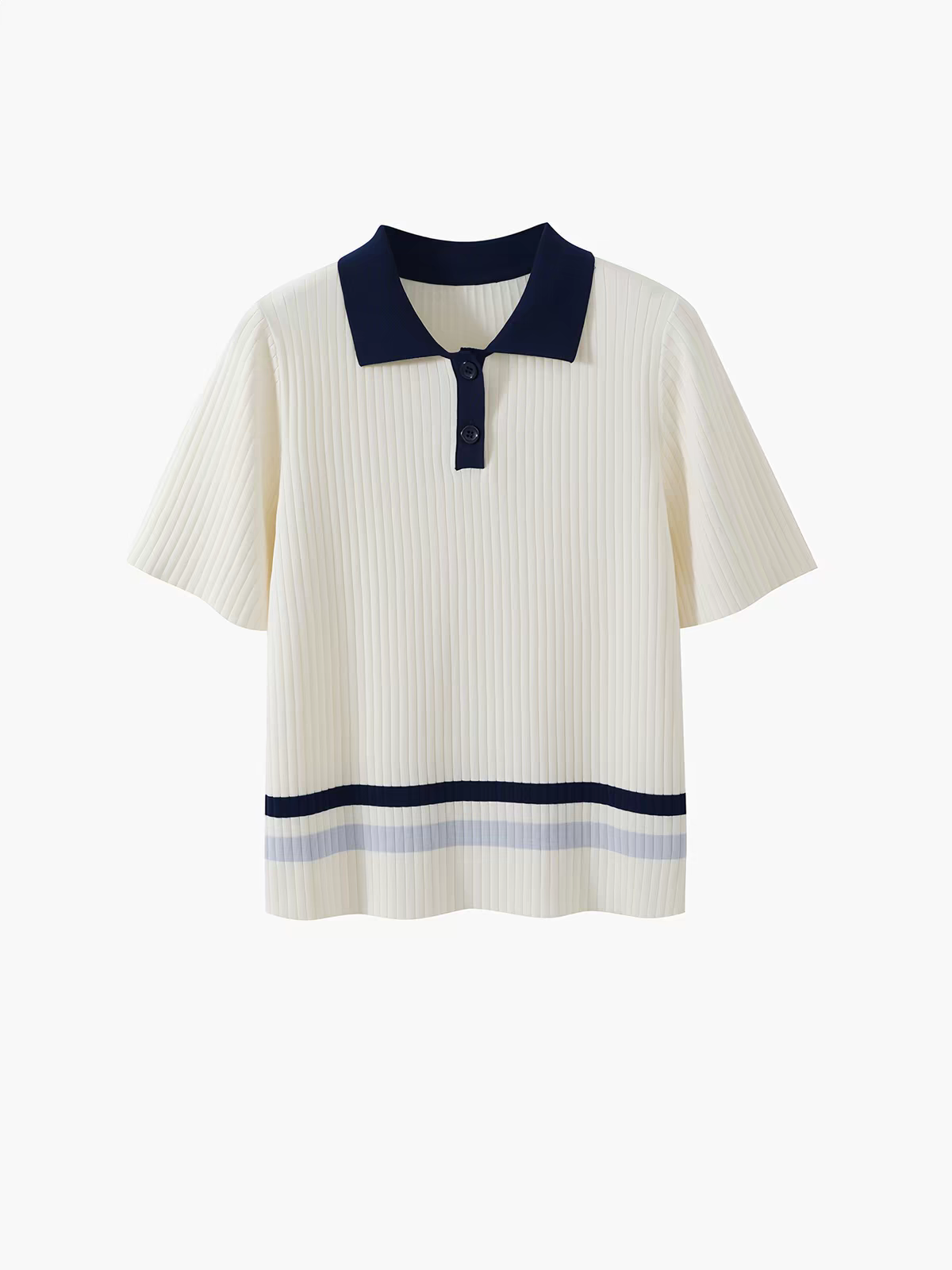 Ladies' Polo Collar Ribbed Knit Striped Hem Short Sleeve Top - 图片 3