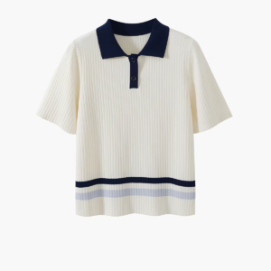 Ladies' Polo Collar Ribbed Knit Striped Hem Short Sleeve Top