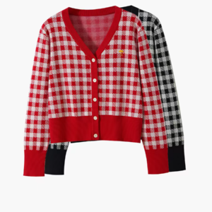 Women's Gingham Check V-Neck Button Front Knit Cardigan