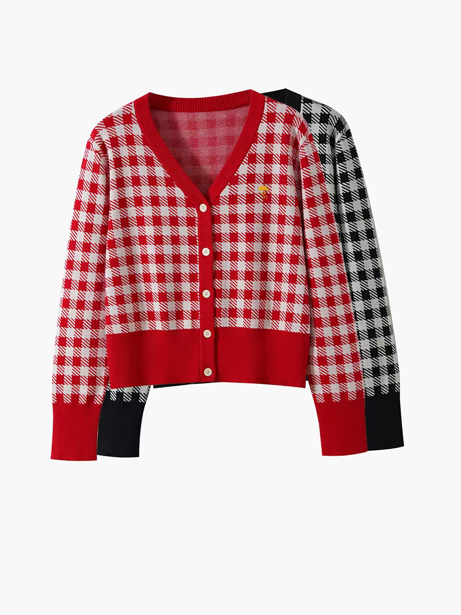 Women's Gingham Check V-Neck Button Front Knit Cardigan