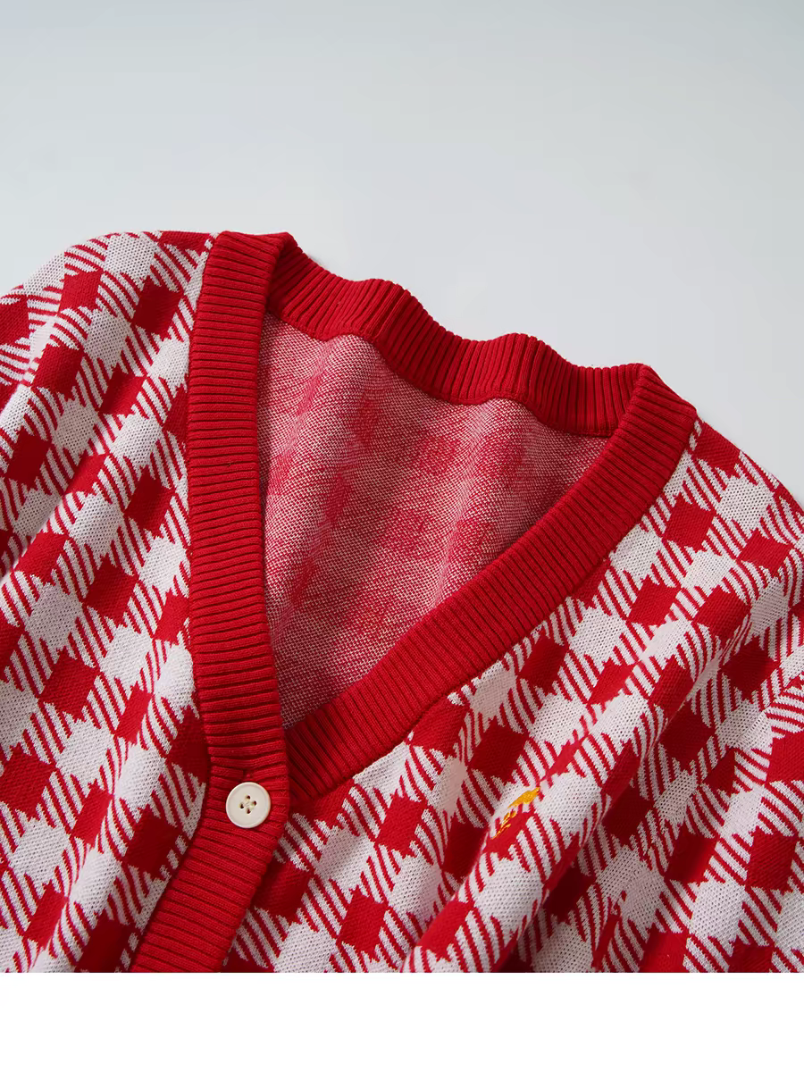 Women's Gingham Check V-Neck Button Front Knit Cardigan - 图片 3