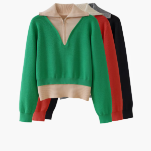 Women's Color Block Half Zip Mock Neck Cropped Knit Sweater