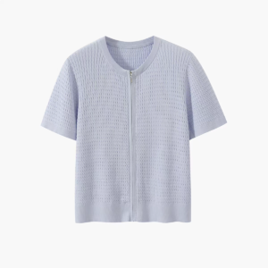 Textured Knit Round Neck Zip-Up Short Sleeve Top