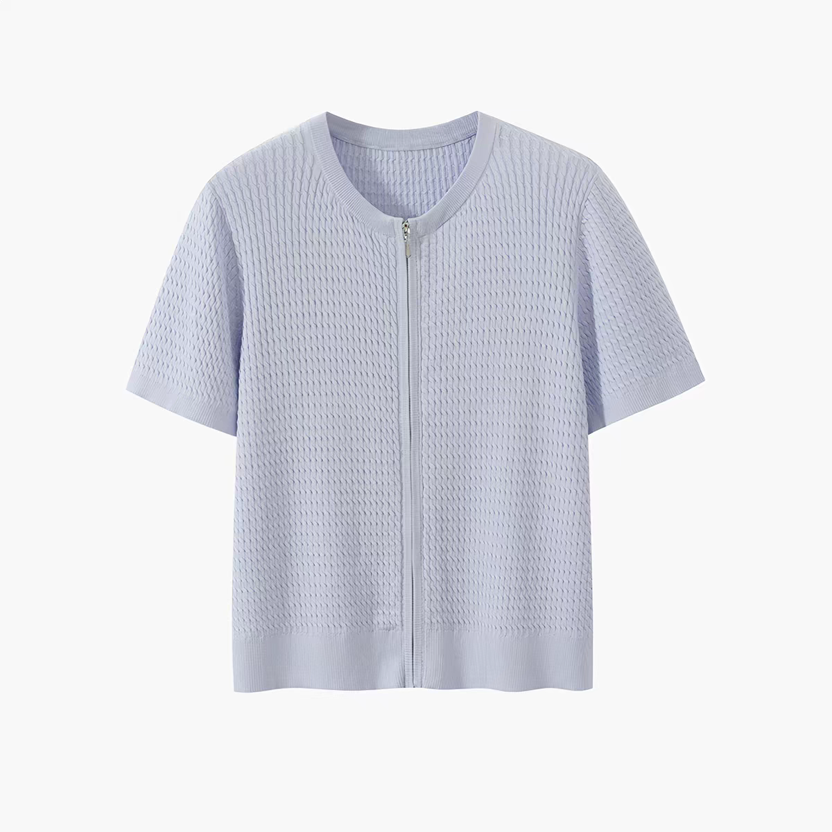 Textured Knit Round Neck Zip-Up Short Sleeve Top