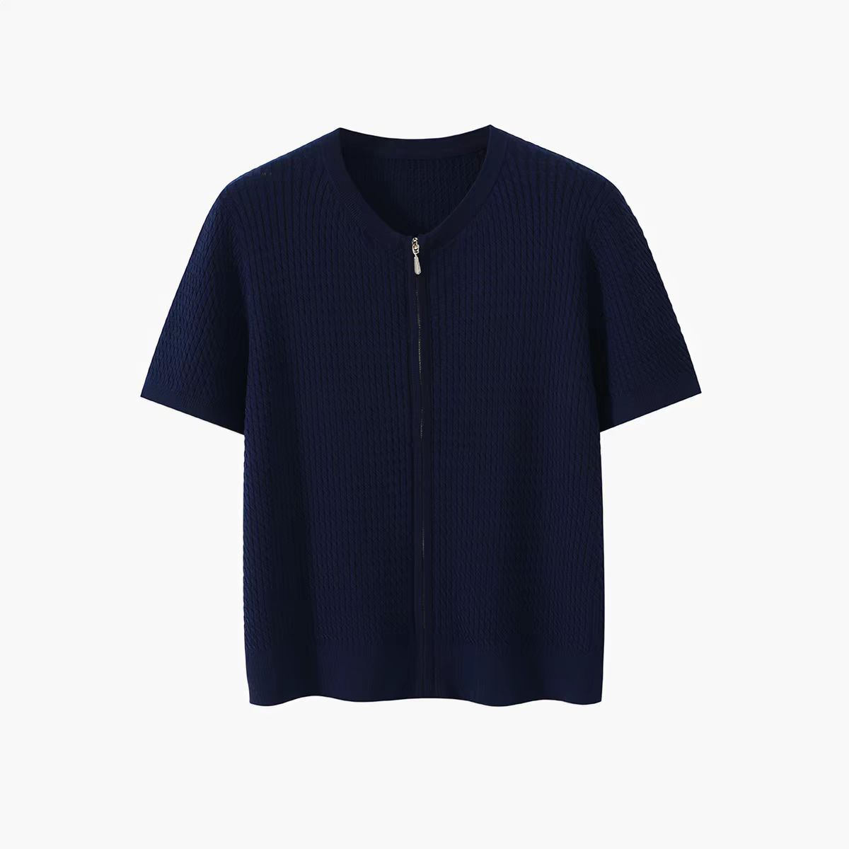Textured Knit Round Neck Zip-Up Short Sleeve Top - 图片 2