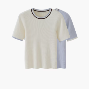 Contrast Trim Crew Neck Ribbed Knit Short Sleeve Top