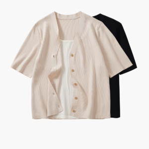 Women's V-Neck Button Front Ribbed Knit Short Sleeve Shirt