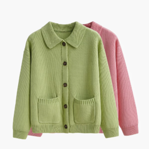 Polo Collar Knit Cardigan with Pockets