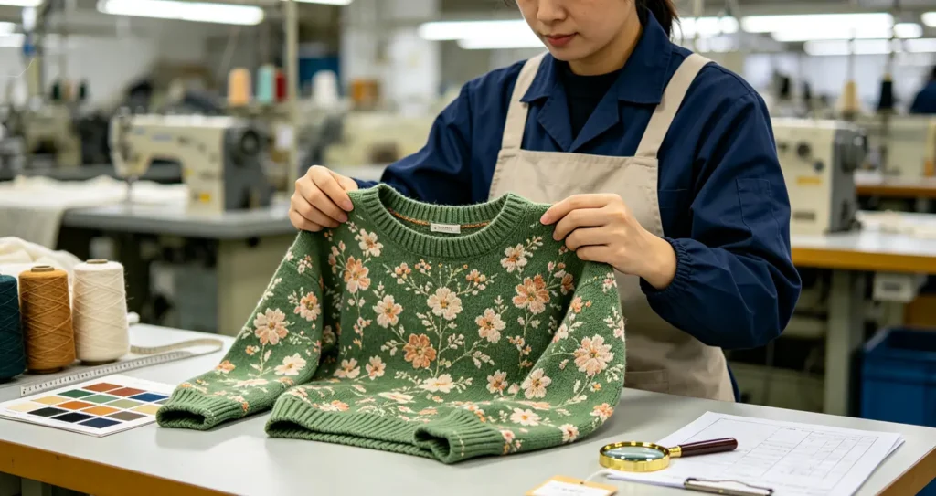 Technician checking knitwear reference sample for OEM sampling in Dongguan factory