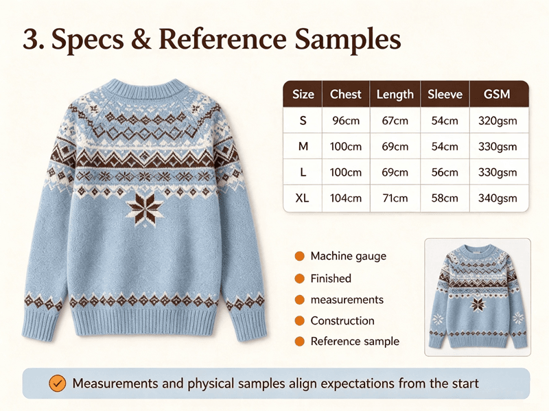 Size specification chart and physical reference sample for jacquard knit sampling